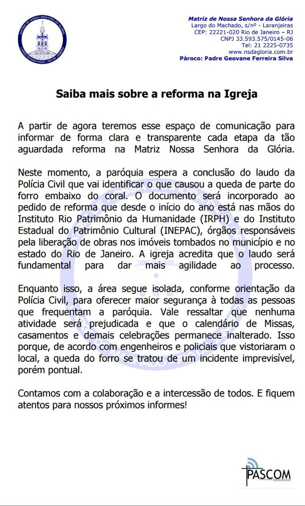 Nota pública - Sobre o acidente na paróquia