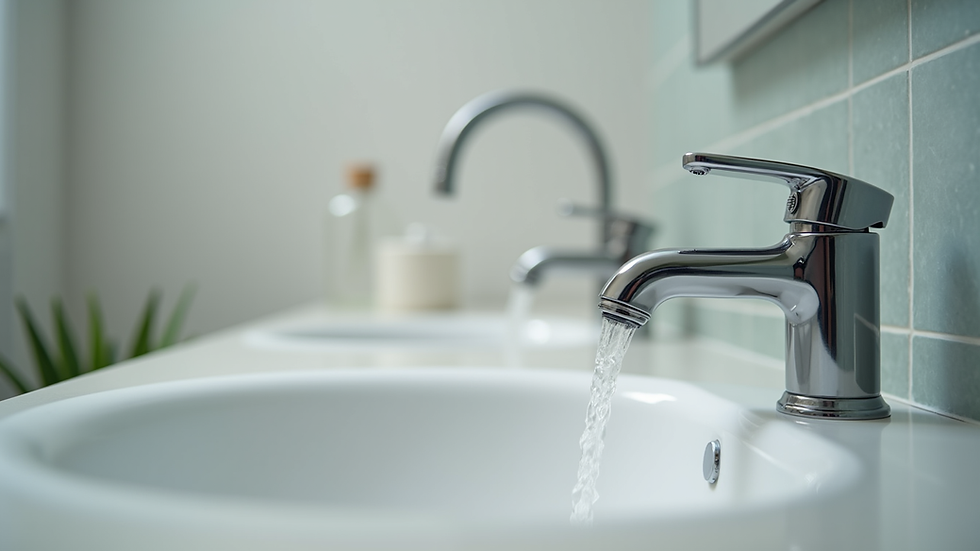 Close-up view of a bathroom sink and faucet with clean tiles