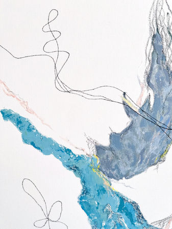 Canvas artwork with forms resembling knots that cannot be tied, made using acrylic, oil stick, pastel marker, and embroidery, reflecting imagined or false possibilities in the decision-making process.