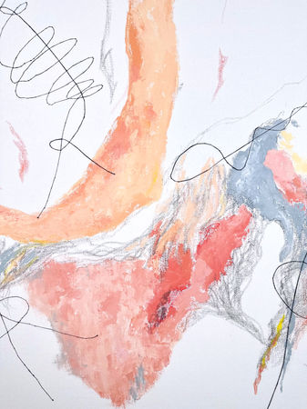 Mixed media canvas featuring untied knots created with acrylic, oil stick, pastel marker, and embroidery, symbolizing emotional tension and open possibilities before making a decision.