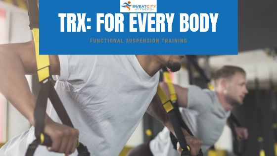 Two males at Gym using suspension training. Title of Blog TRX: For EveryBody