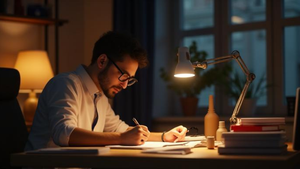 A man writing on his desk with lamps on