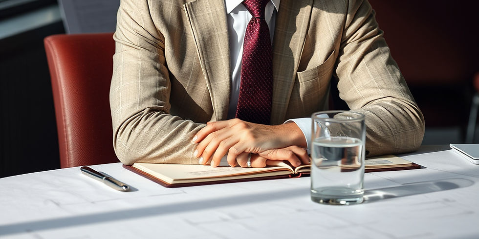 A businessman siting on the table with glass of water and notebook
