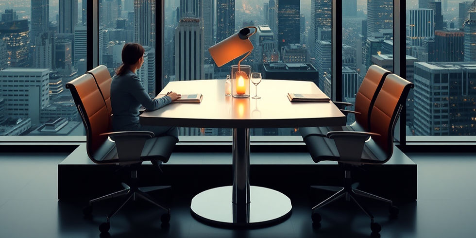 a girl in the office table looking at a glass window