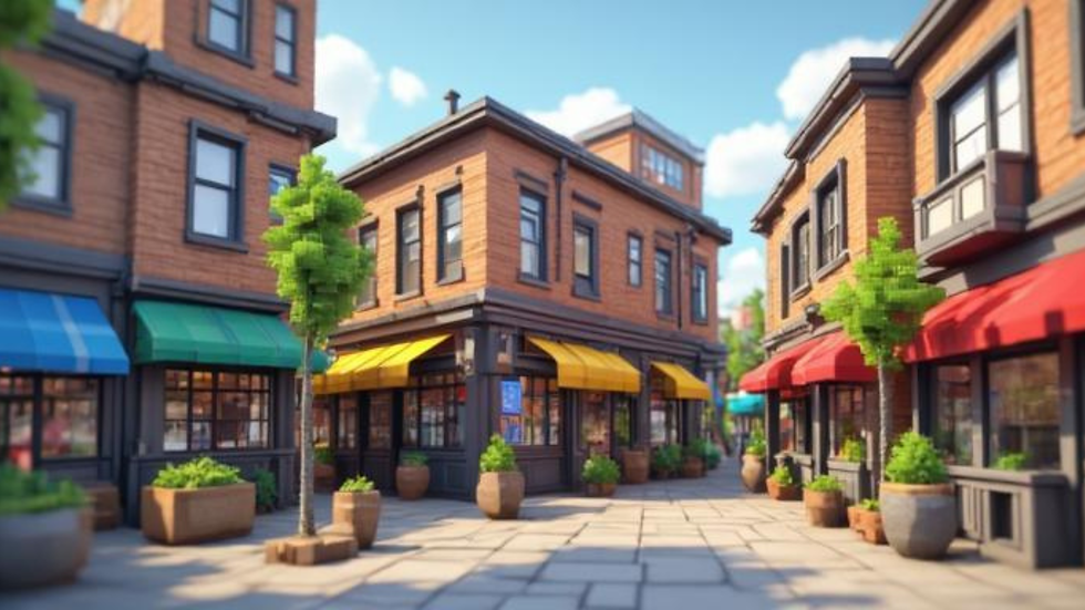 An animated image of a town with stores