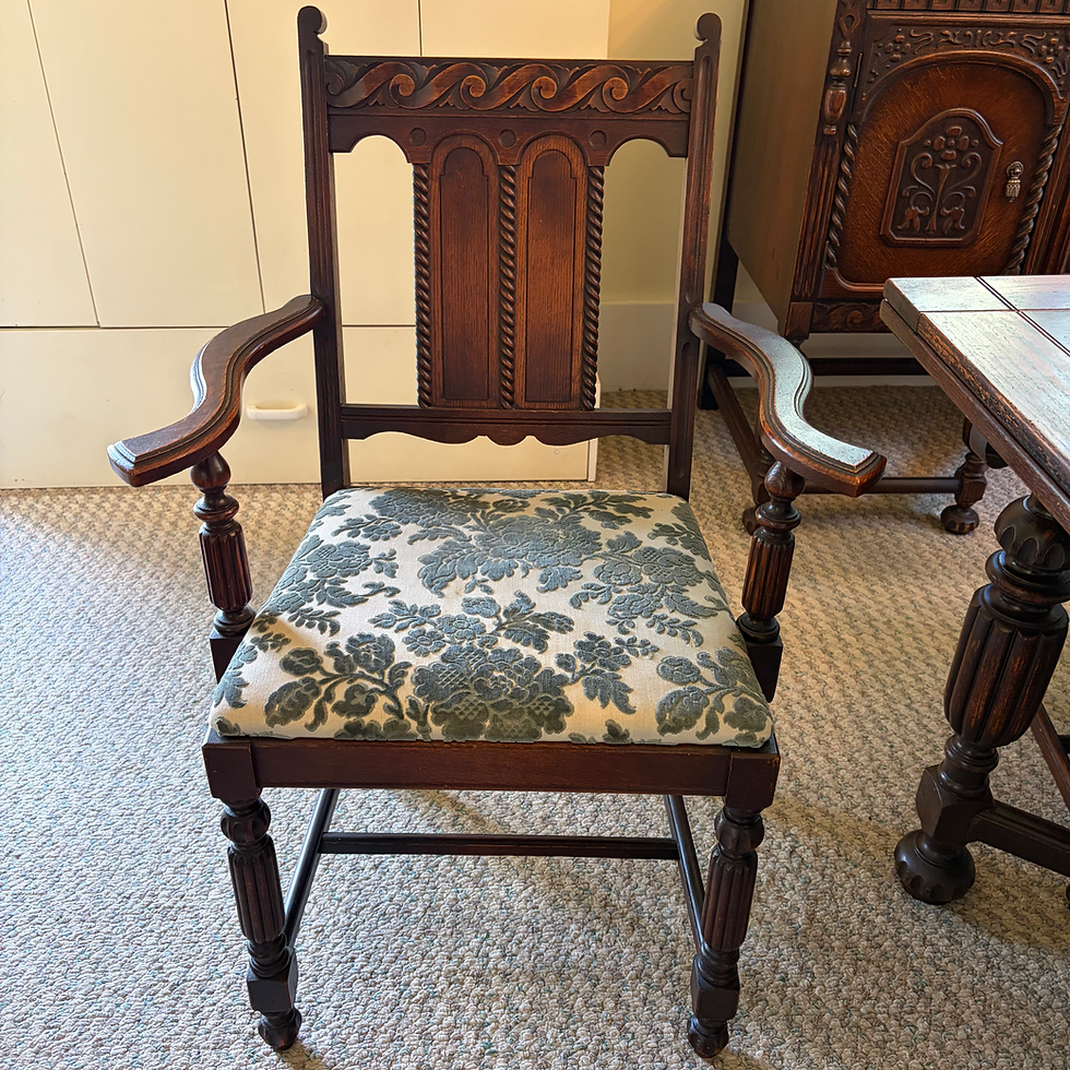 Thumbnail: MP - 001 - Antq 1/4 Cut Wood Table & 6 Uphols. Floral Chairs & 2 Hidden Leaves