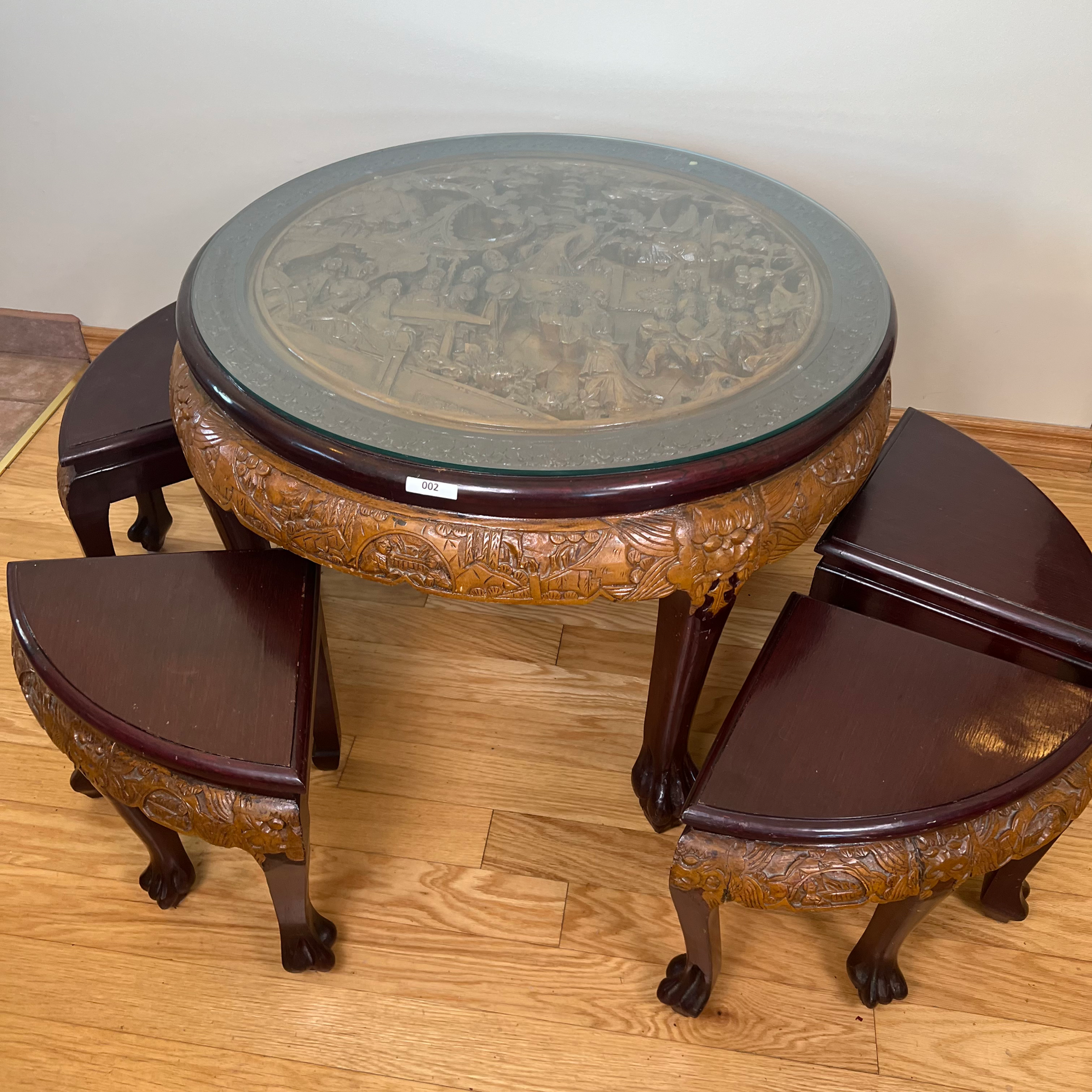 LB - 002 - Carved Wood Coffee / Tea Table Set W/ Claw Feet & 4 Carved Seats