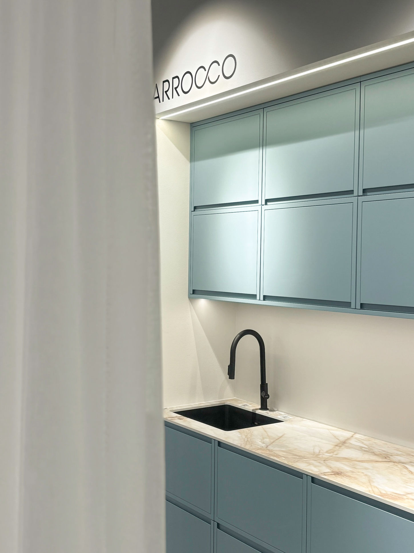 milled kitchen in baby blue color modern design projekt mebli kuchennych