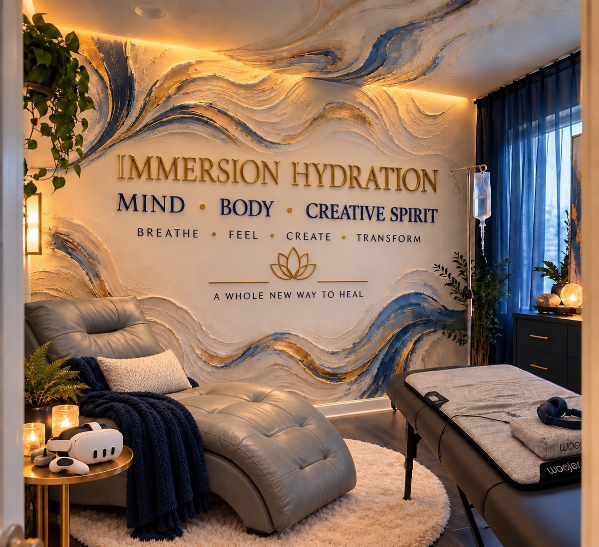 The Drake Center IV Hydration Immersion Room with reclining chair, IV stand, and immersive wall art