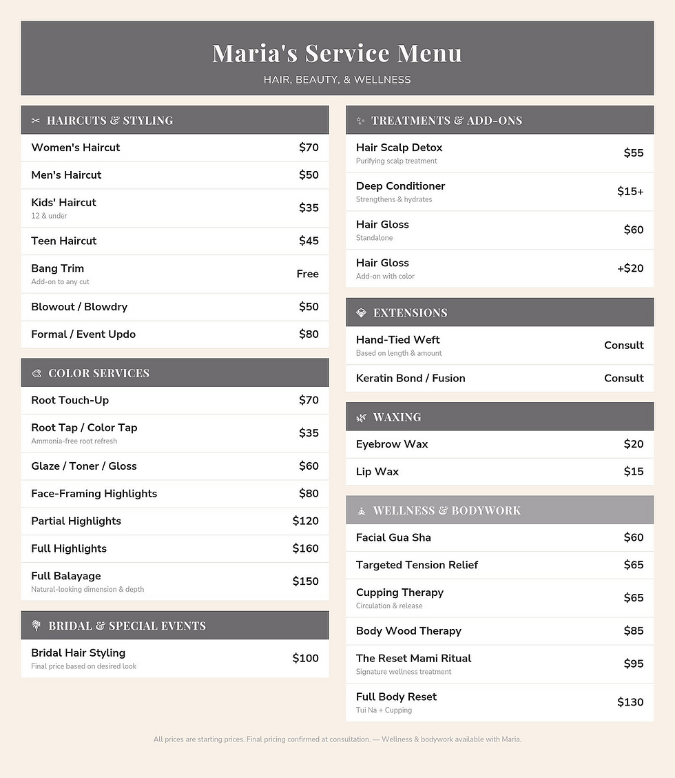 Maria's Service Menu for Hair, Beauty, & Wellness - Full List and Starting Prices