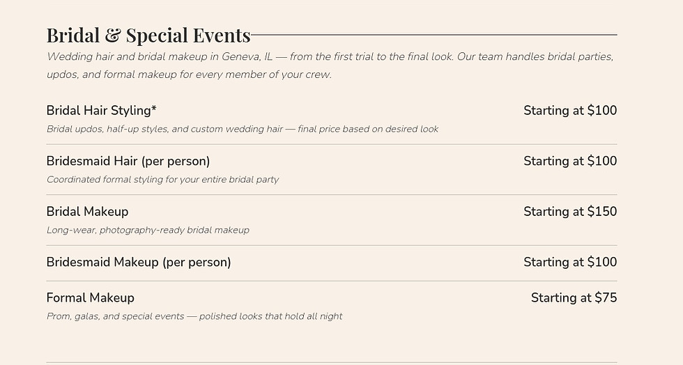 Nash Beauty Salon in Geneva, IL Service Menu featuring bridal & special event services (wedding hair styling, Updos, bridal makeup, & more) listed with Starting Prices