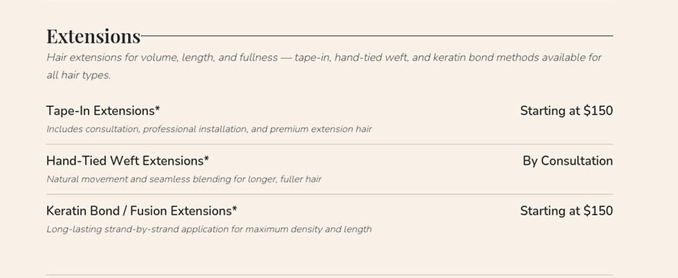 Nash Beauty Salon in Geneva, IL Full Service Menu featuring hair extension services (tape-in, hand-tied weft) listed with Starting Prices