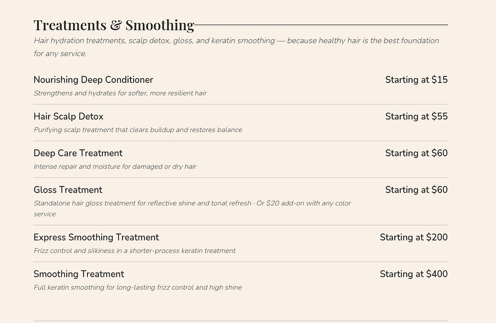 Nash Beauty Salon in Geneva, IL Service Menu featuring Treatments & Smoothing services (Keratin, scalp detox, gloss treatment, & more) listed with Starting Prices