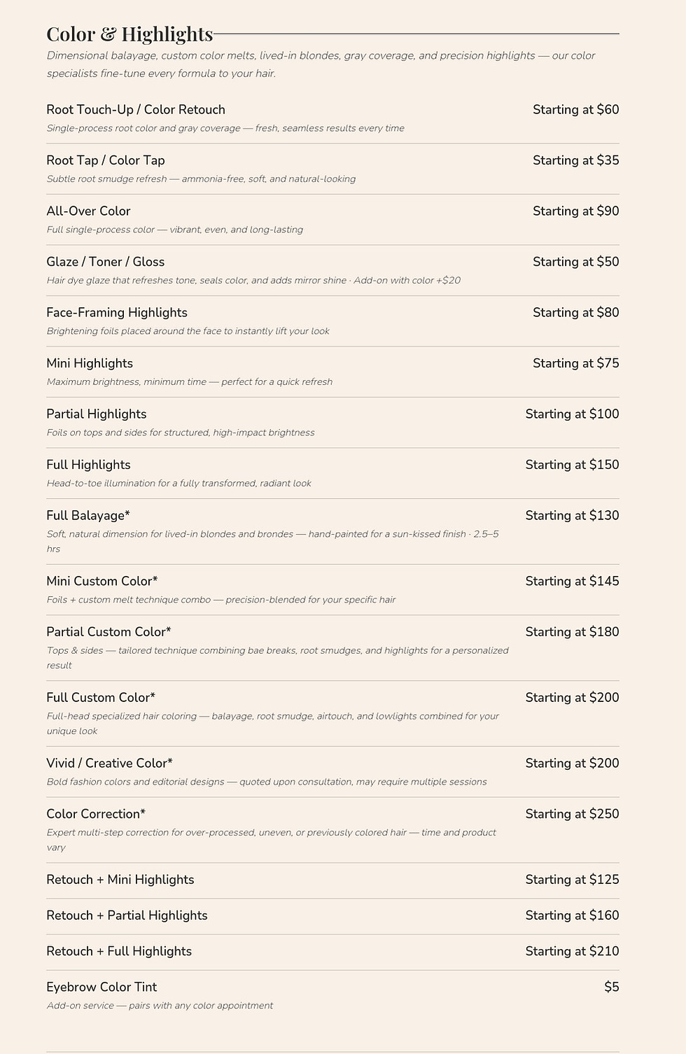 Nash Beauty Salon in Geneva, IL Service Menu featuring custom color and highlights services (balayage, vivid color, all-over/full color, partial/full highlights, gray coverage, glaze/toner/gloss) with Starting Prices