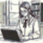 Drawing of a student with long hair and glasses, wearing a school uniform, studiying on a laptop.