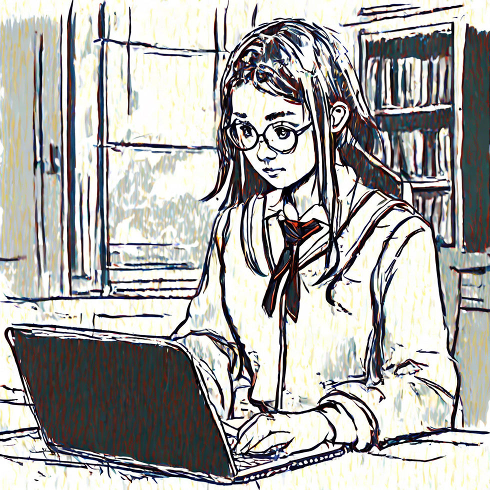 Girl in glasses typing on a laptop in a sketch-like style. She's in a library with bookshelves. Focused expression, wearing a school uniform.