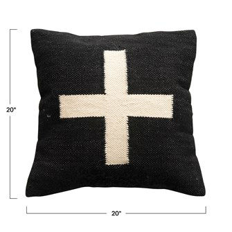 Thumbnail: 20" Square Wool Blend Pillow w/ Swiss Cross, Black & Cream Color
