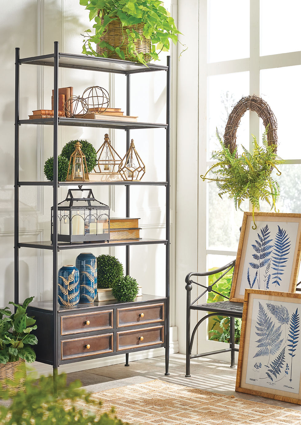 Thumbnail: Terra-cotta Vase with Fern Pattern, Distressed Blue 14.75"H