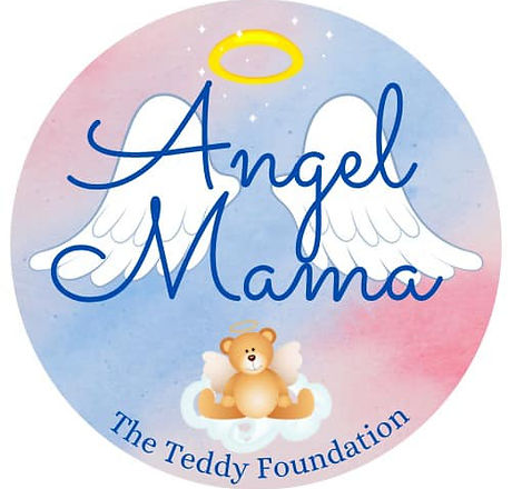 Angel Mama logo with wings, halo, and teddy bear, representing The Teddy Foundation’s support of over 420 families since 2021 with care packages, comfort bags, sibling care bags, grief journals, children’s books, and additional grief resources for families experiencing miscarriage, stillbirth, and infant loss.