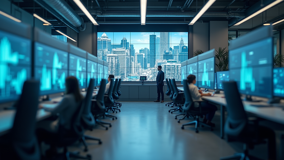 Eye-level view of a modern real estate office with AI-powered screens