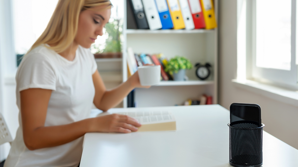 A woman sitting at a table reading a book, drinking tea or coffee with her cellphone sitting in the pencil holder away from her