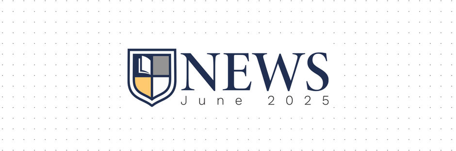 Logo image for The Bible Seminary News, featuring a shield emblem with a book icon and color blocks in navy, gray, and gold. The word "NEWS" is prominently displayed in large navy text, with "June 2025" written below in a clean, modern font. The background is white with a subtle dotted grid pattern.