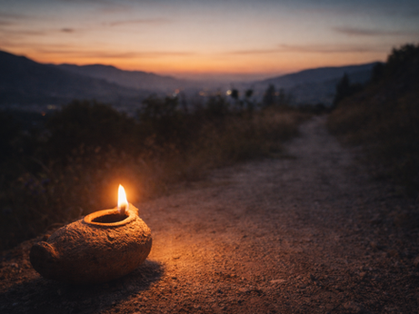 Ancient oil lamp glowing beside a narrow path at dusk, symbolizing guidance and direction in low light