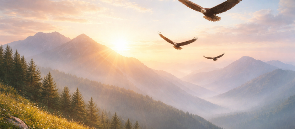 Isaiah 40:31 Bible verse illustration showing eagles soaring over mountains at sunrise, symbolizing waiting on the Lord and renewed strength through faith.