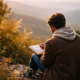 Person journaling outdoors overlooking mountains, representing reflection, faith, and inner transformation.