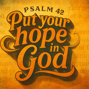 Psalm 42 Christian artwork with the phrase ‘Put Your Hope in God’ in bold vintage lettering over a warm golden textured background with faint handwritten scripture. Inspirational Bible verse graphic for worship, devotionals, and Christian music artwork.