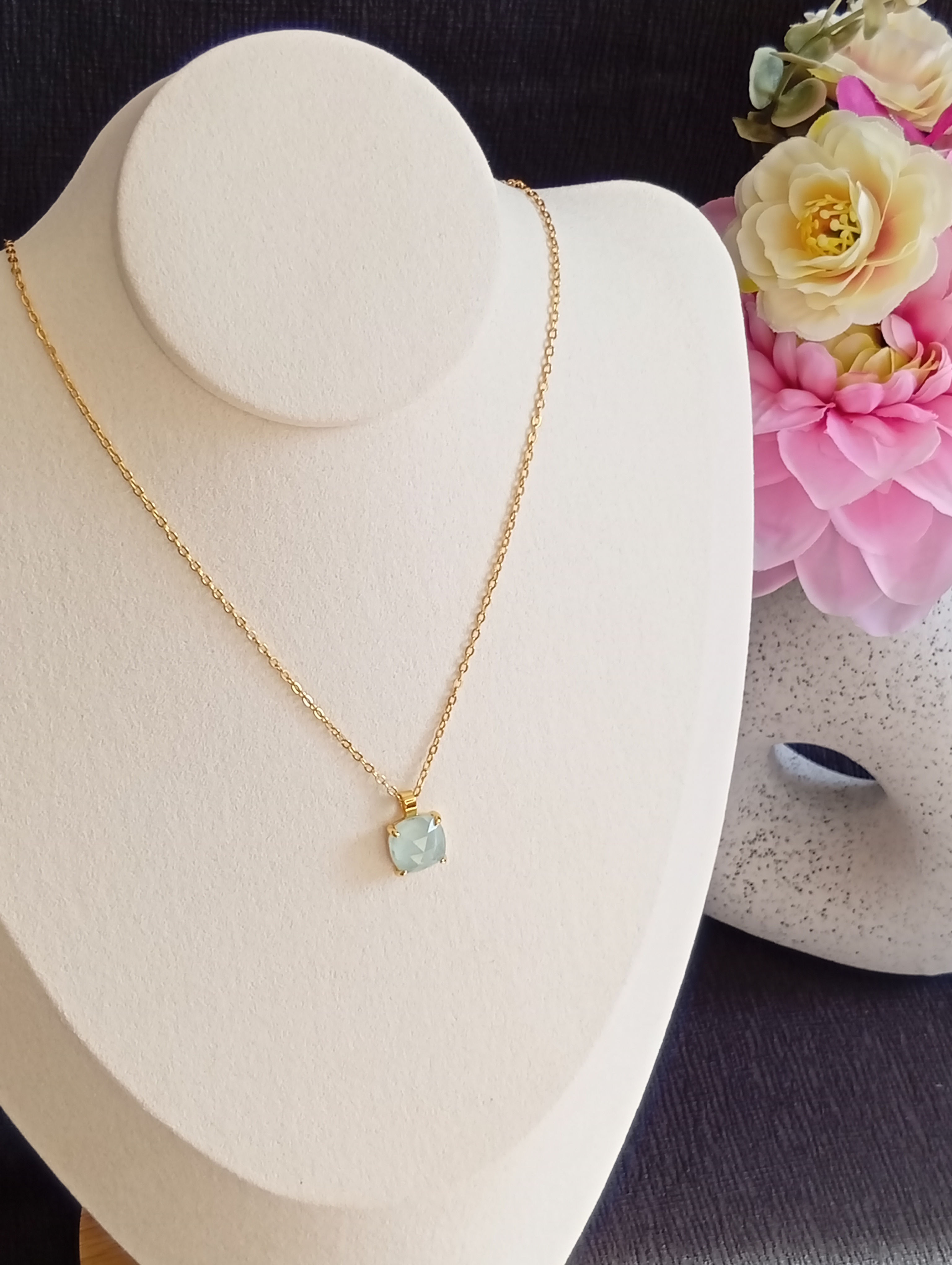 Collier en Argent 925 plaqué Or serti Aigue Marine + Pochon Gratuit