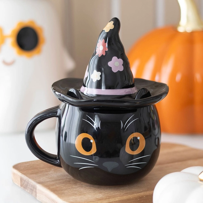 Mug d'Halloween Couvercle Chat Sorcière