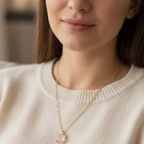 COLLIER ARGENT 925 PLAQUE OR QUARTZ ROSE