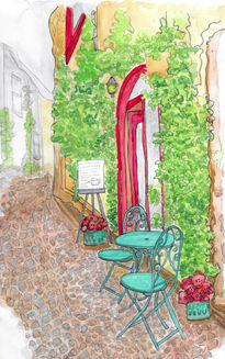 cafe illustration, travel, european cafe, lifestyle, cobblestone, bistro, travel