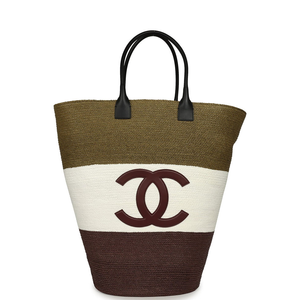 Chanel Maxi Coco Beach Shopping Bag in khaki, white and brown raffia, shown front-facing
