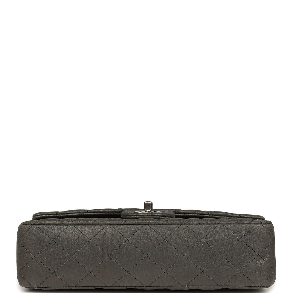 Thumbnail: Base view of the charcoal metallic Chanel Medium Flap showing the CC turnlock from below