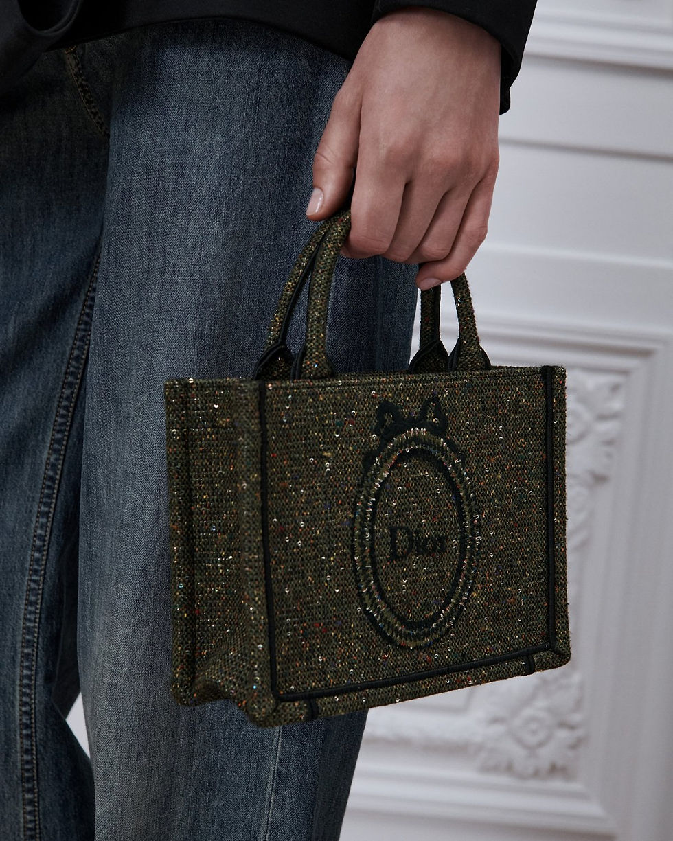 Dior Mini Book Tote with strap in green Donegal tweed with sequins – view 2