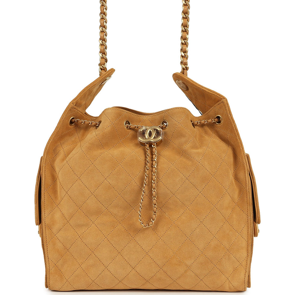 Front view of the beige suede Chanel 25 Medium bag with antique gold-tone fastening