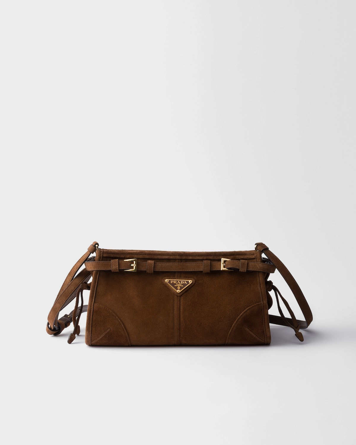 Prada Bonnie small shoulder bag in cocoa brown suede – front view