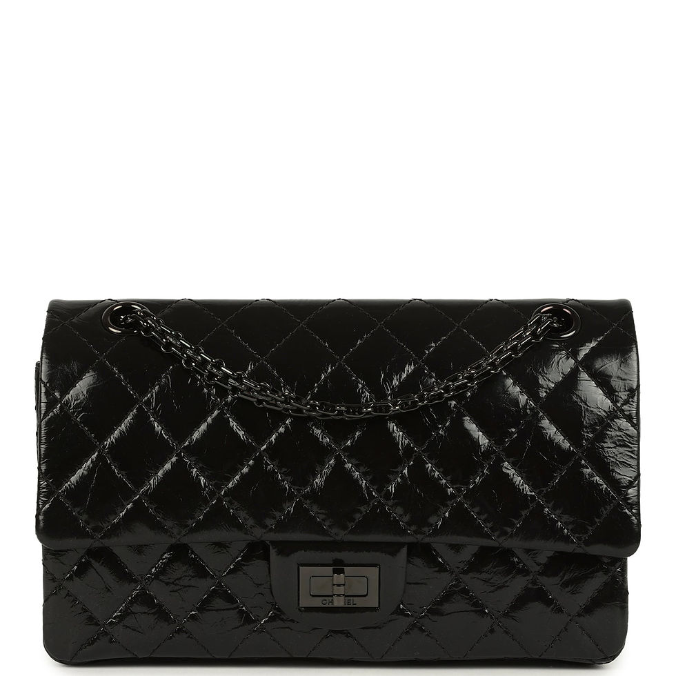 Front view of the Chanel Small Reissue 225 bag in So Black shiny crumpled calfskin with black turn-lock
