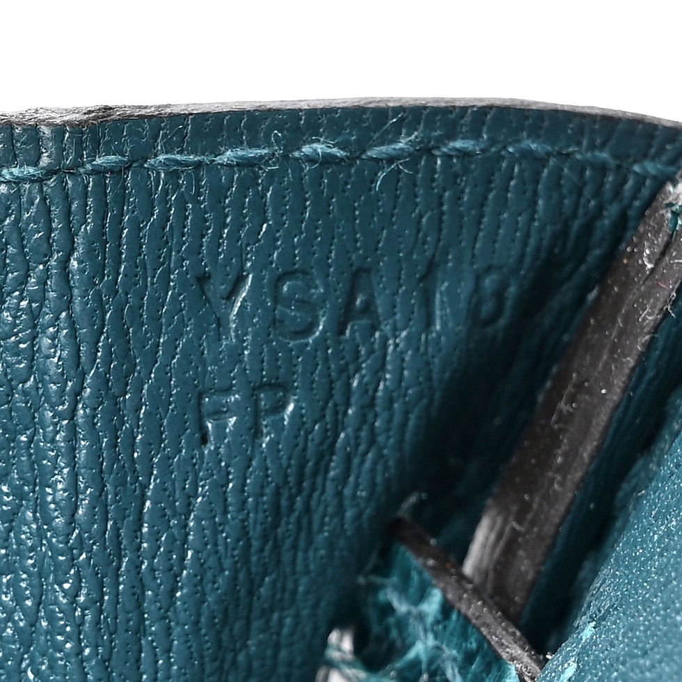 Thumbnail: Hermes Birkin, close-up of leather grain and craftsman blind stamp in Vert Bosphore