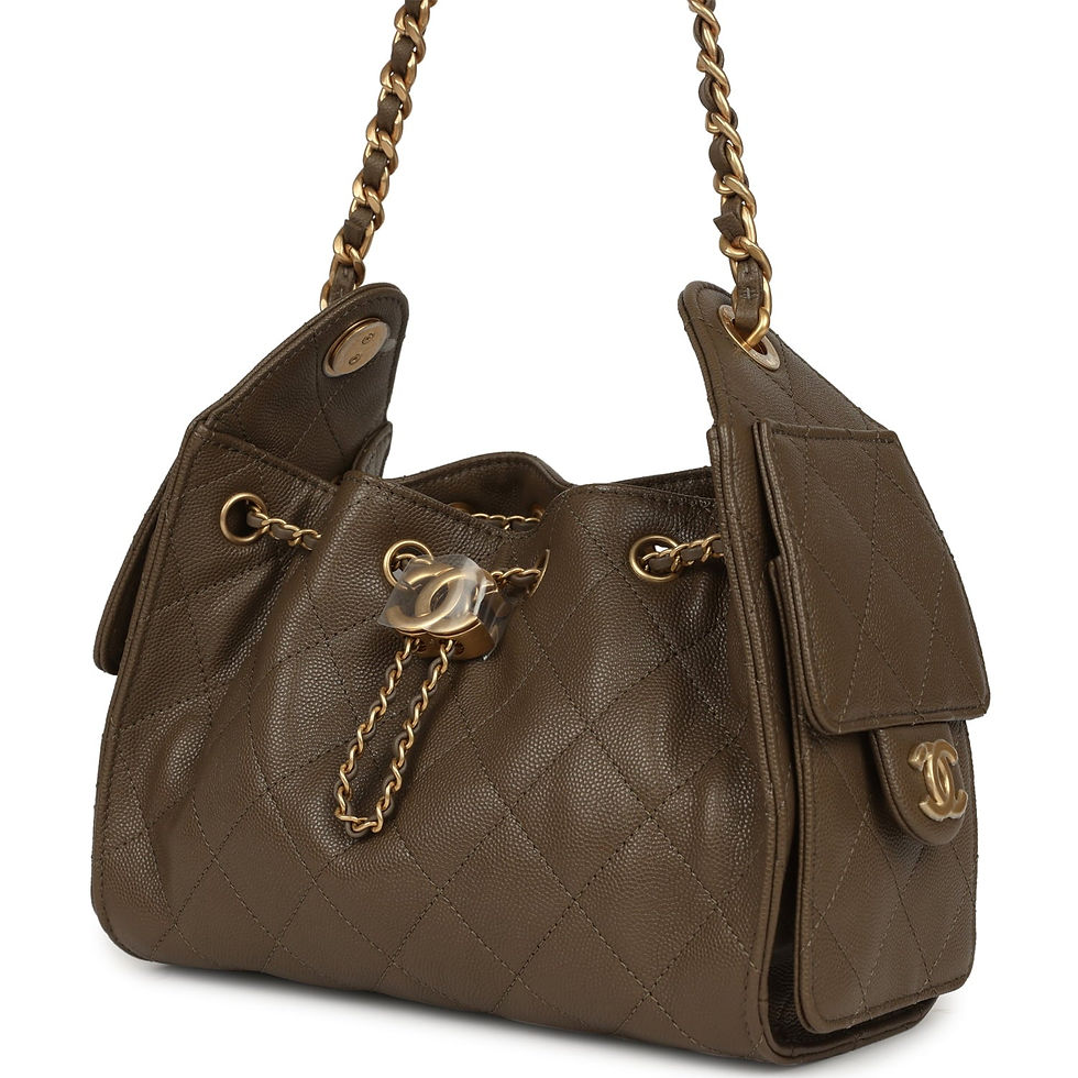 Thumbnail: Front view of the khaki caviar hobo bag suspended by its shoulder chain, full silhouette shown