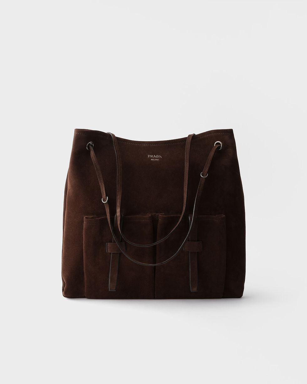 Prada Route large shoulder bag in dark brown suede – front view