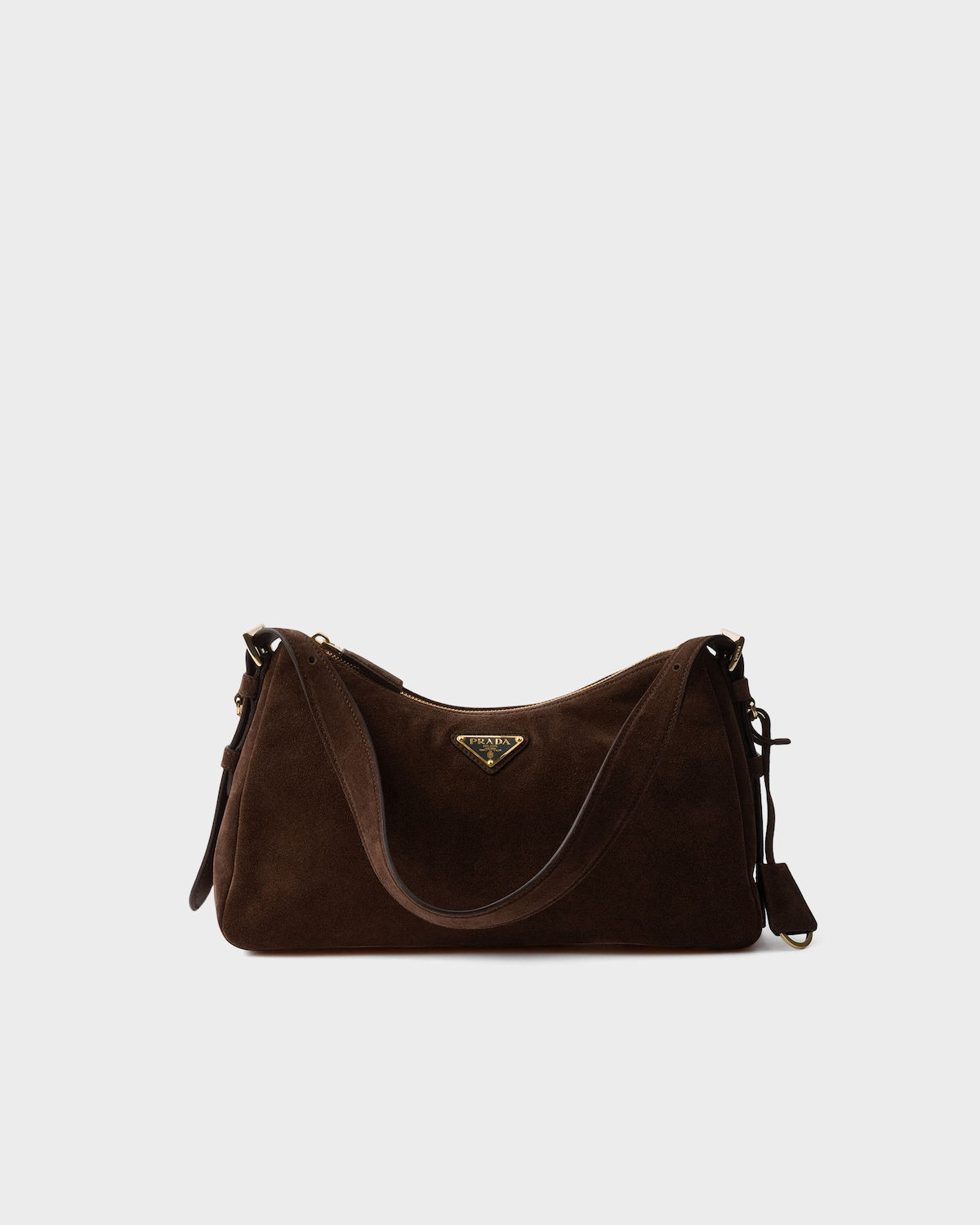 Prada Aimée medium shoulder bag in dark brown suede – front view