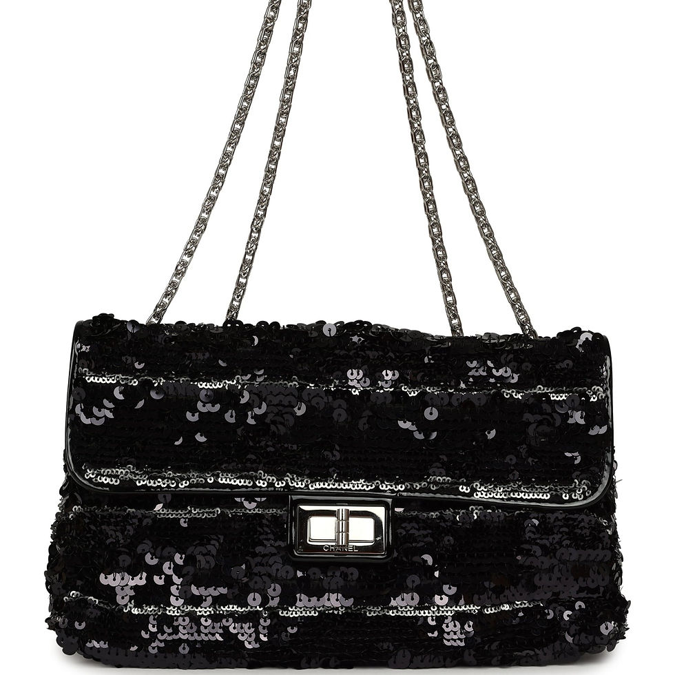 Front view of the Chanel Striped Reissue Flap Bag in black sequin suspended by its quadruple chain strap