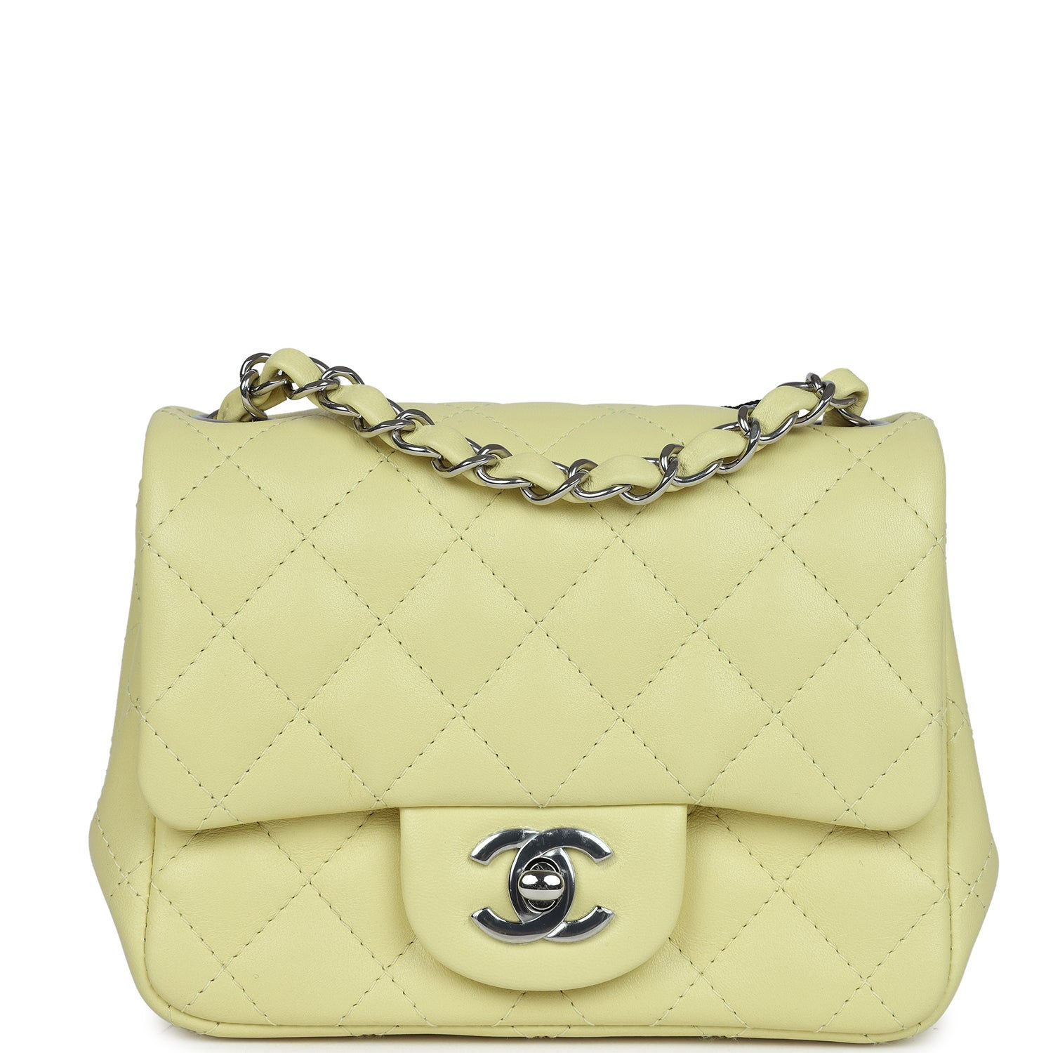 Chanel Mini Square Flap Bag in lime lambskin, front view with silver CC turnlock