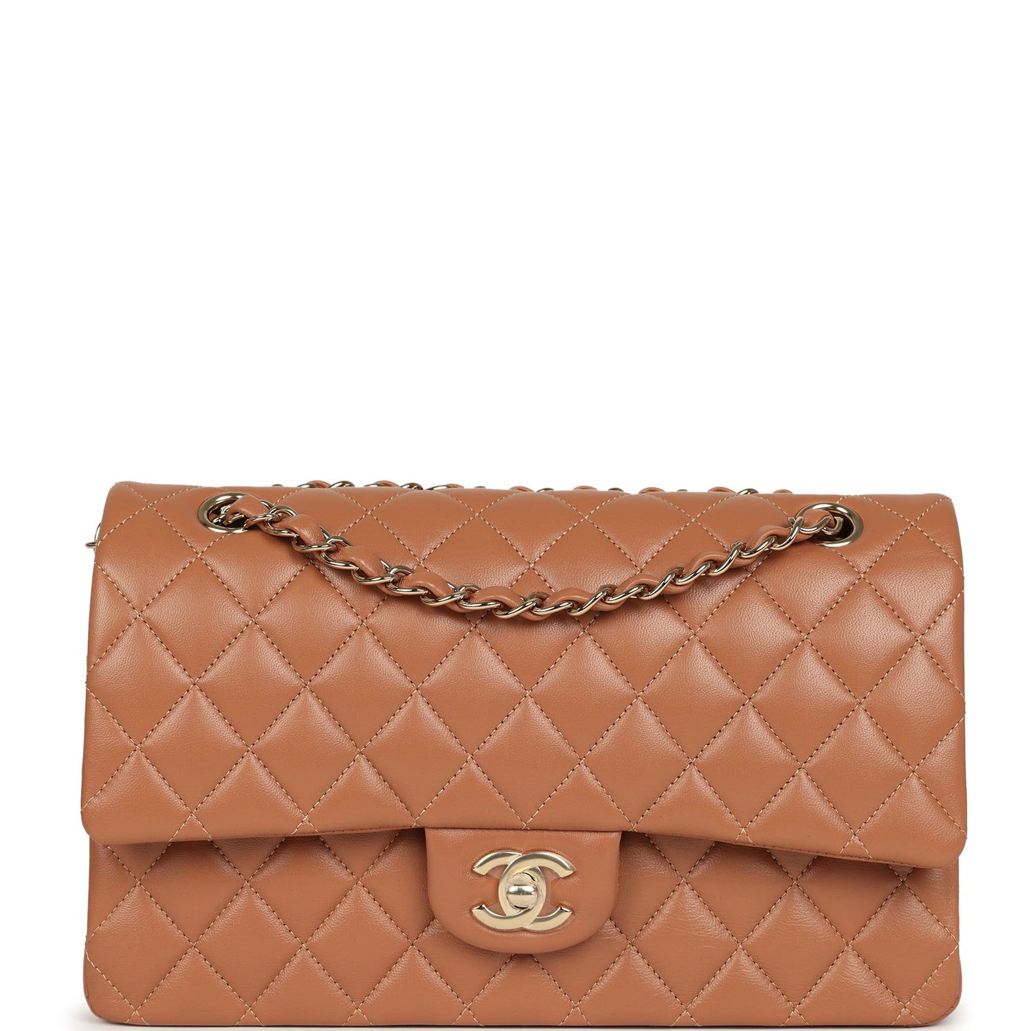 Front view of the tan lambskin Chanel Medium double flap with light gold CC turnlock