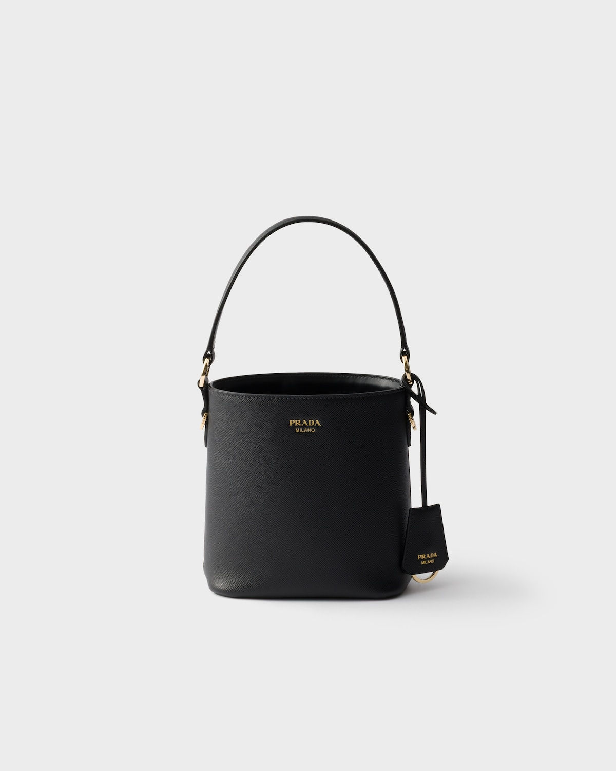Prada mini bucket bag in black Saffiano leather – front view