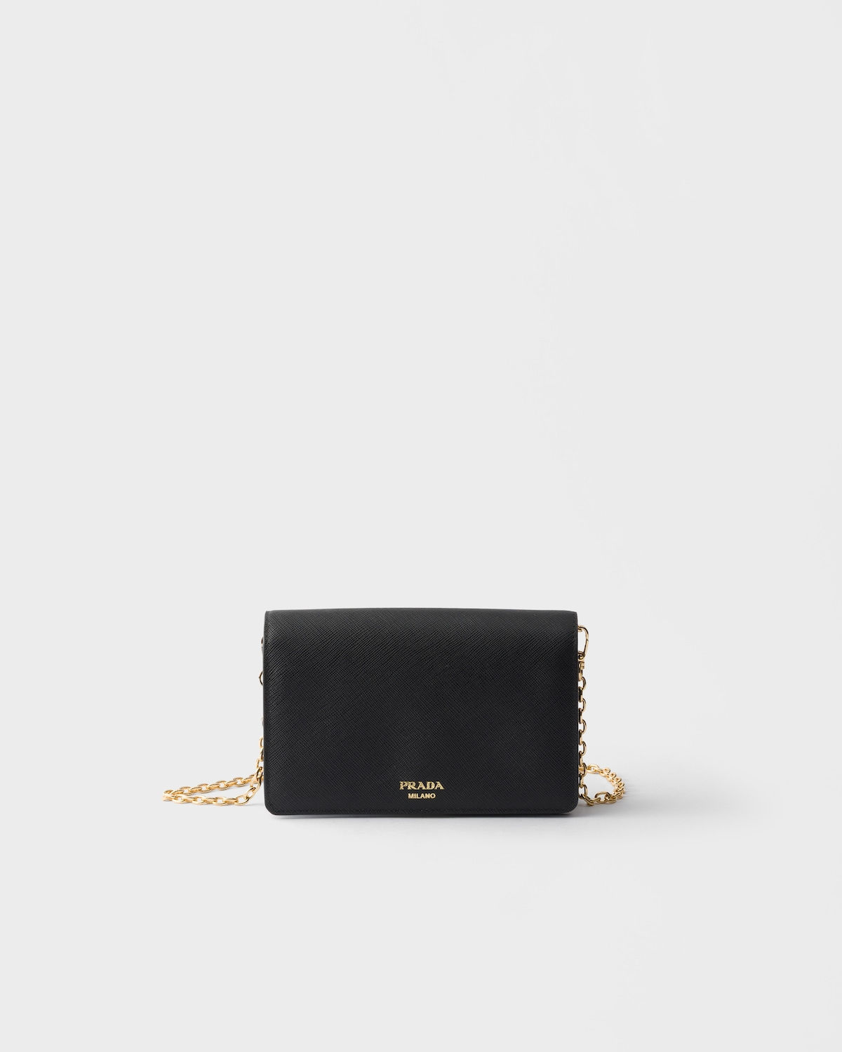 Prada mini bag with chain strap in black Saffiano leather – front view
