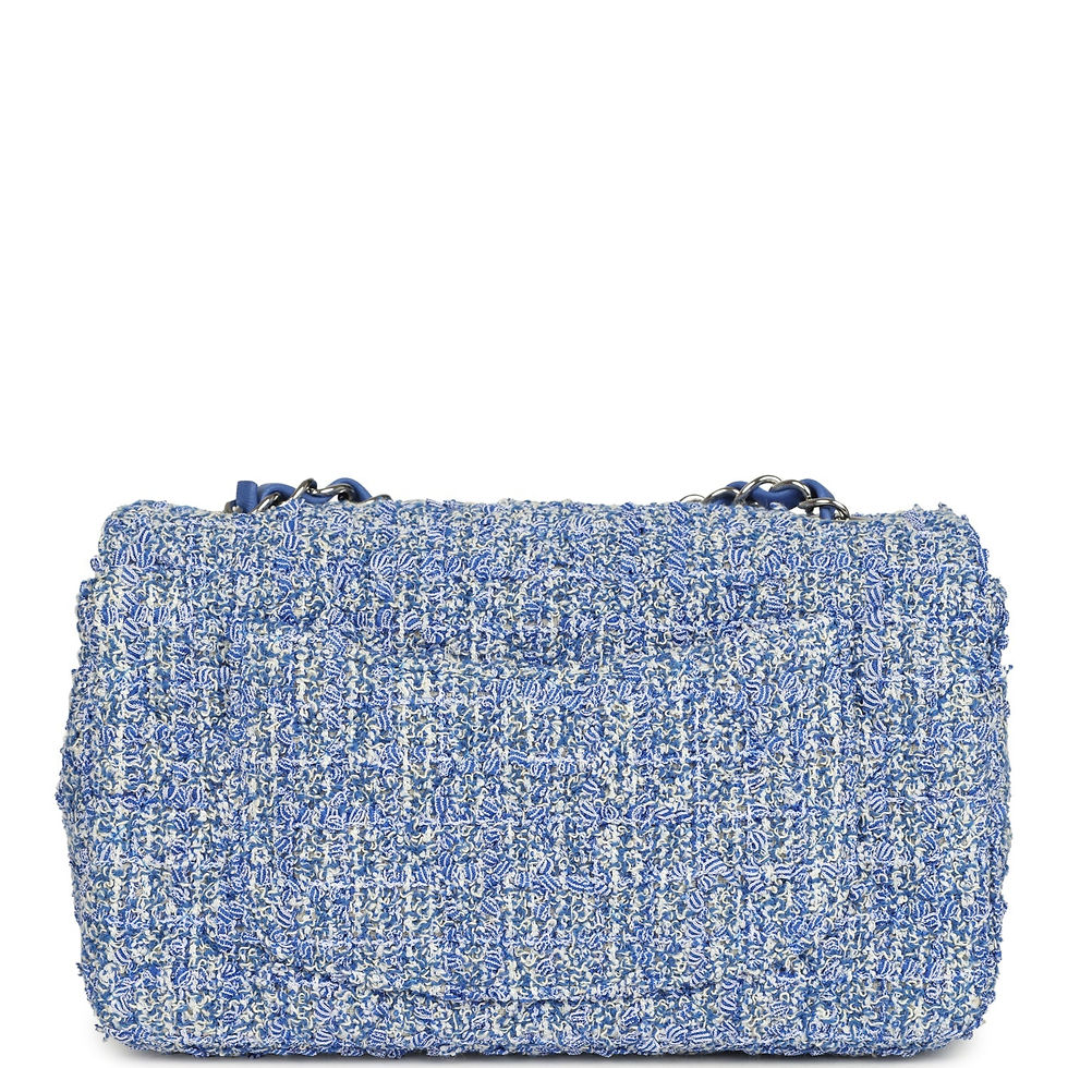 Thumbnail: Back view of the blue and white tweed bag showing the smooth slip pocket